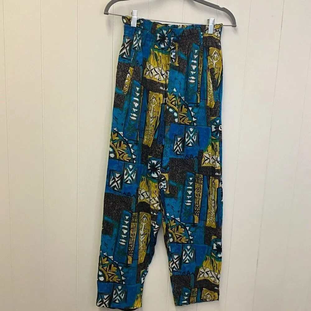 Happy Legs Womens Small Elastic Waist Pants Blue Abstract Print Hippie Pockets - Picture 1 of 8